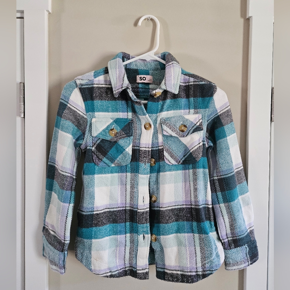 So Girl Boy Medium 7 Plaid Button-Up Shirt in Blue White Purple Coat Jacket Warm